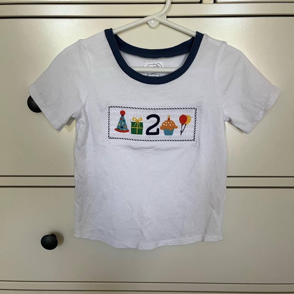 Mud Pie White Short Sleeve Tee with Navy Trim and Colorful Birthday Appliqué
